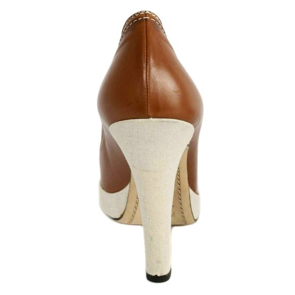 LAMBERTSON TRUEX Brown Leather & Cream Linen Penny Loafer Pumps - Picture 4 of 6